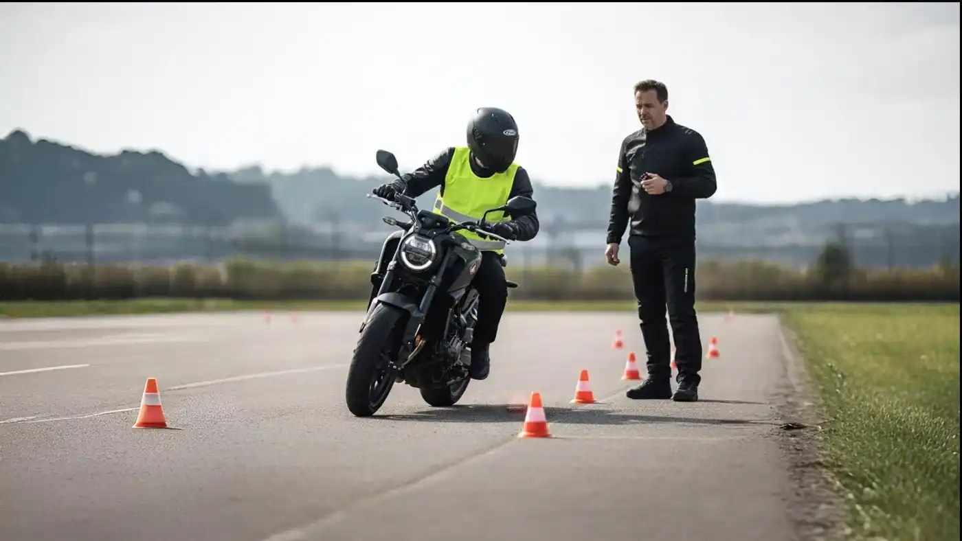 Motorradfahrer bei der Ausbildung auf dem Übungsplatz von Peters Fahrschule