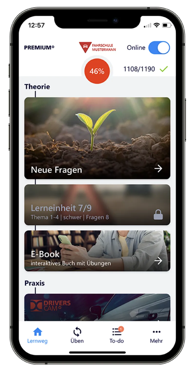 Fahren Lernen Max Premium in einem neutralen Demo-Account mit amtlichen Fragen, Lernstand, Lerneinheit und digitalem Lehrbuch