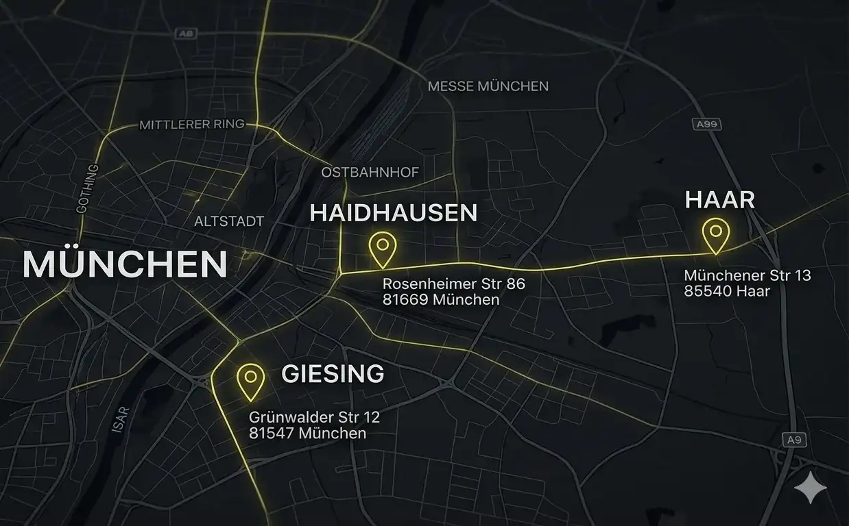 Karte München mit den 3 Standorten von Peters Fahrschule: Haidhausen (Rosenheimer Str. 86), Giesing (Grünwalder Str. 12) und Haar (Münchener Str. 13)