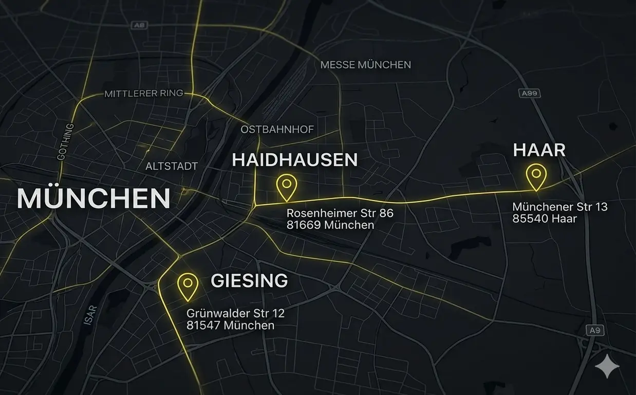 Karte München mit den 3 Standorten von Peters Fahrschule: Haidhausen (Rosenheimer Str. 86), Giesing (Grünwalder Str. 12) und Haar (Münchener Str. 13)