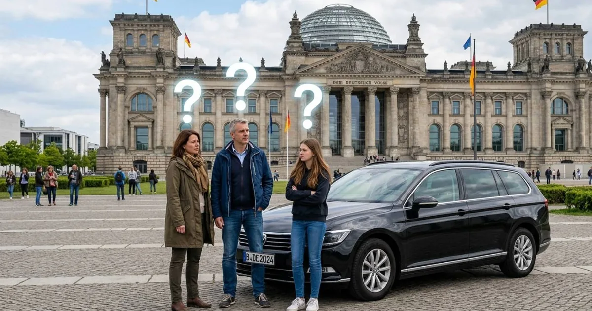 Pensive family with their car in front of the Reichstag in Berlin – illustrating the uncertainty around Germany's 2027 driving-school reform
